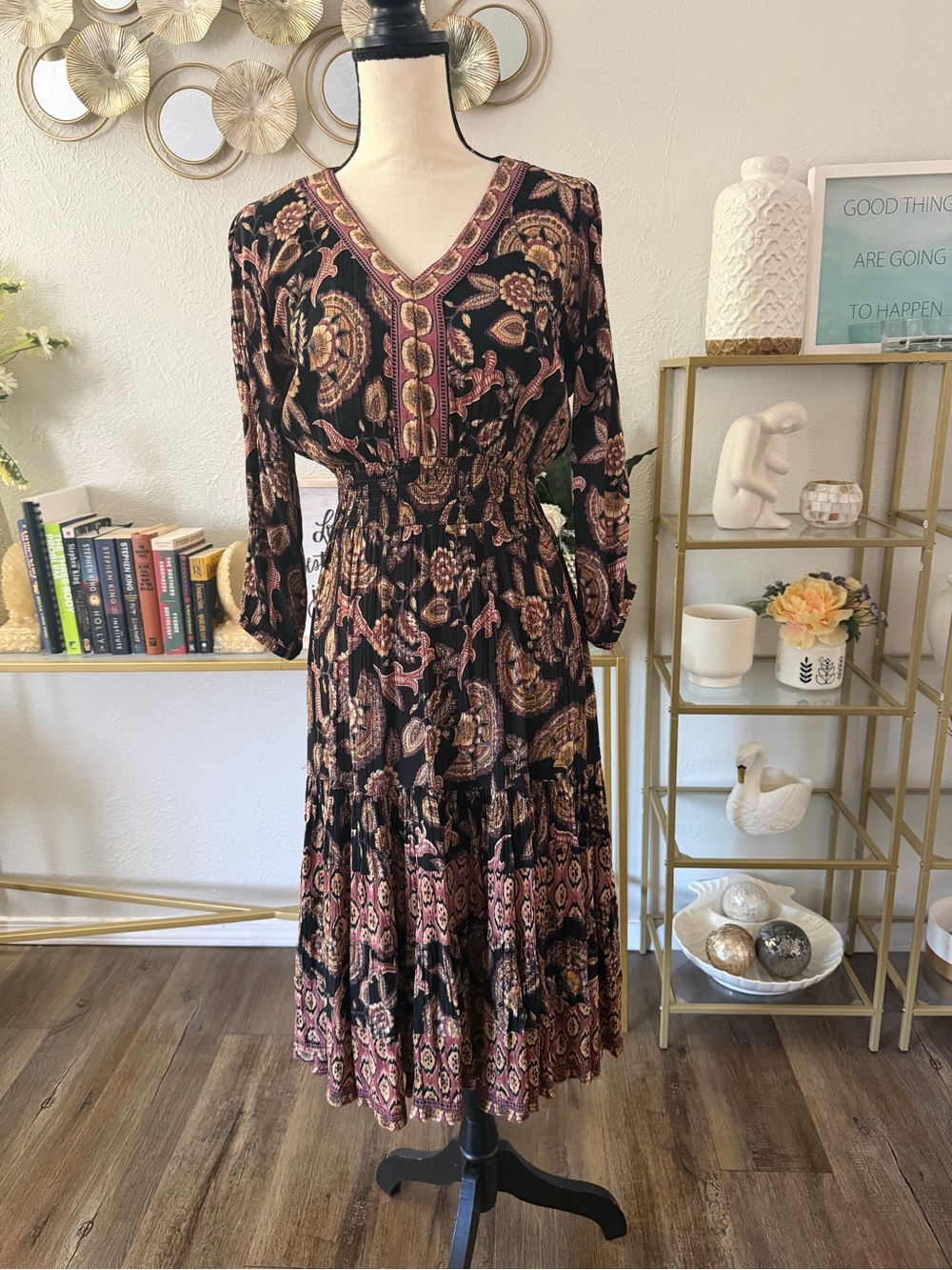 Back in the Saddle Bohemian Peasant Midi Dress